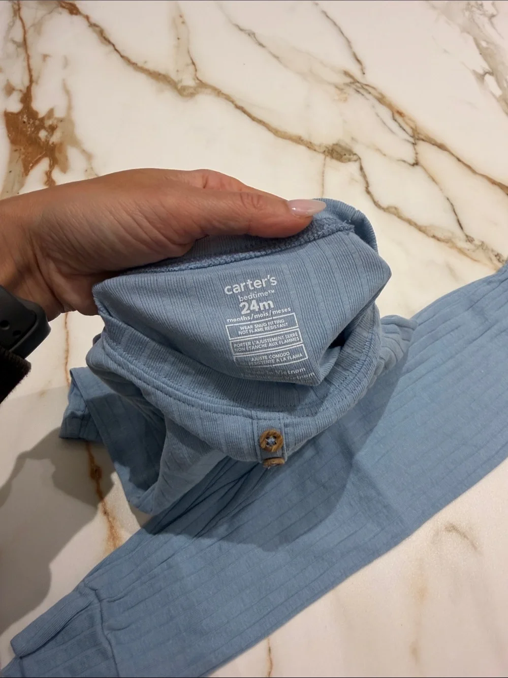 Carter's Light Blue Ribbed Short-Sleeve Pajama Set with Button Henley 24m - Picture 4 of 5